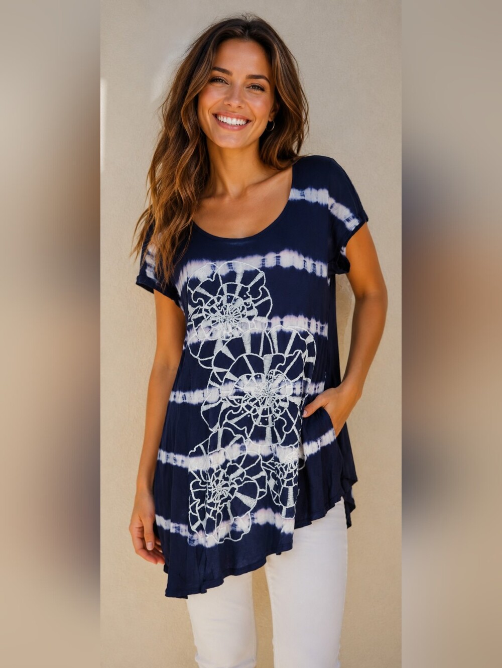 Cache Women's Y2K Tie Dye Tunic Top Navy Embellished Sz L Fairycore Coastal